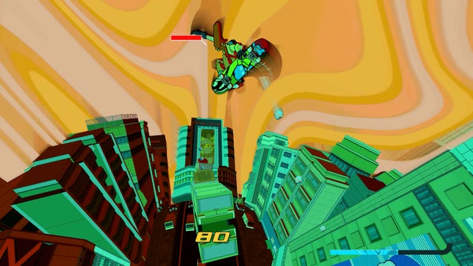 A man with a robot head performs a trick on a skateboard in a colourful, surrealist city that is collapsing around him.