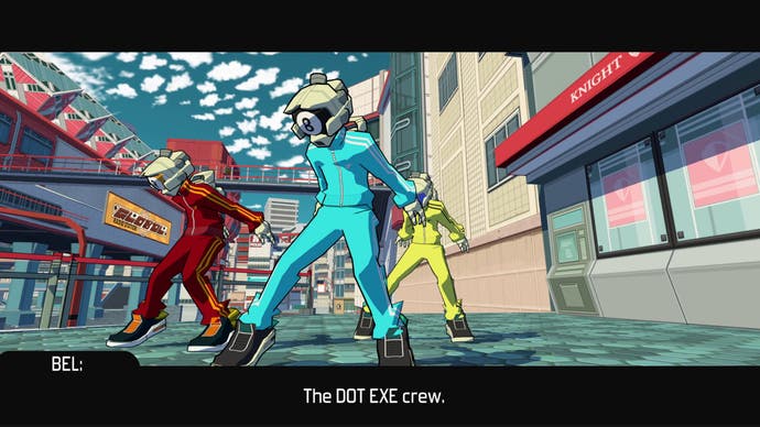 The colourful Dot.exe crew dance outside a shop in Bomb Rush Cyberfunk