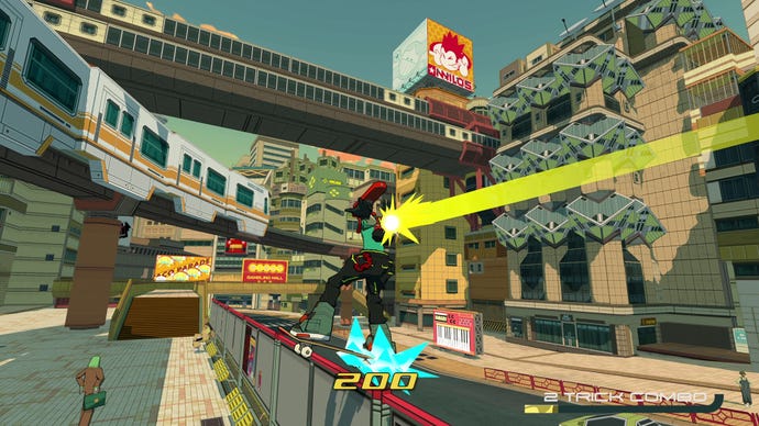 A man with a red robot head skates through an urban city environment