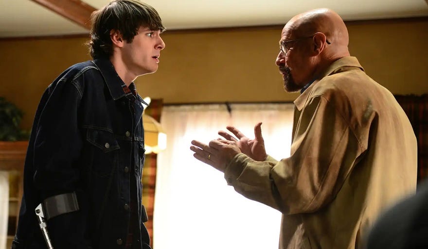 Walter White Jr. and Walter White have an argument.