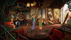 George stands in a destroyed bar from a Broken Sword: Shadows Of The Templar remaster screenshot