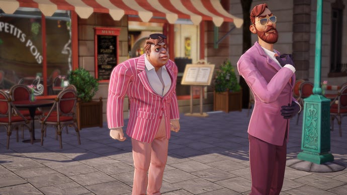 Zwei Männer in rosa Anzügen aus einem Screenshot von Broken Sword: Parzival's Stone