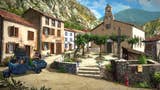 A Broken Sword - Parzival's Stone screenshot showing a quaintly picturesque village square in the French countryside, brightly illuminated beneath blue skies in the afternoon sun. A small cluster of pretty shops and houses line the street on the left and a squat church hides behind trees to the rear of the square. Protagonist George Stobbart reclines in the bed of an ageing blue truck in the foreground to the left, while Nicole Collard sits on a chair against one of the houses nearby.