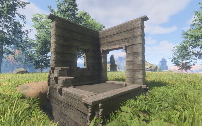 Демонстрация деревянного блока Shroud Wood, сделанного из темно-серых деревянных панелей.