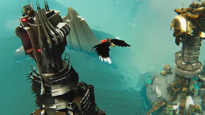 Giant falcon flies past sci-fi towers in Bulwark: Falconeer Chronicles