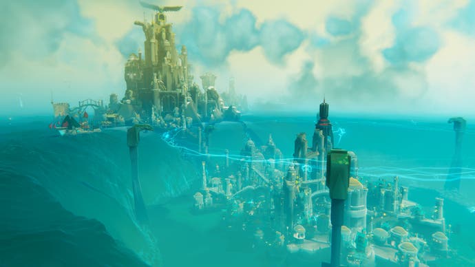 Distant shot of various sci-fi buildings and towers in blue haze in Bulwark: Falconeer Chronicles