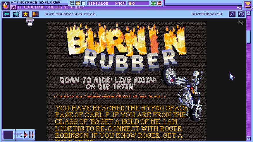 A geocities style web page called "Burnin' Rubber". An image of a skeleton popping a wheelie on a motorbike is prominently displayed.