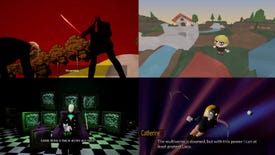 Four-way split image showing a figure holding a sword (top left), a. low-poly top-down view of a campsite (top right), a man sat in front of stacked TVs (bottom left), and a blonde lady flying through the multiverse (bottom right), all screenshots from CHAIGNED.