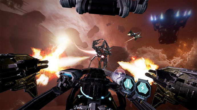 A cockpit view of a space dogfight battle in Eve valkyrie