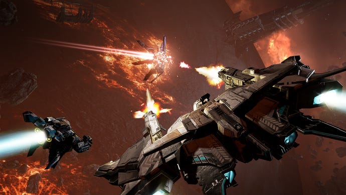 A spaceship blasts another ship in front of a red, volcanic planet in Eve Valkyrie