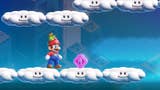 Mario collects a purple coin on a platform of clouds in Super Mario Bros. Wonder