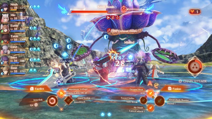 2022 best games Xenoblade Chronicles 3 - a battle with a large monster and an extraordinary amount of bright orange UI information on the screen