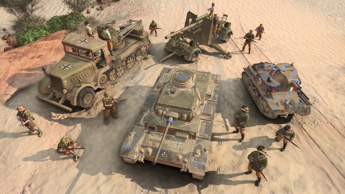 Company of Heroes 3 preview - a view of three DAK vehicles, a towed gun and some infantry in the desert
