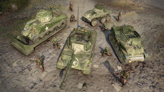 Company of Heroes 3 preview - a view of four Italian vehicles and some infantry