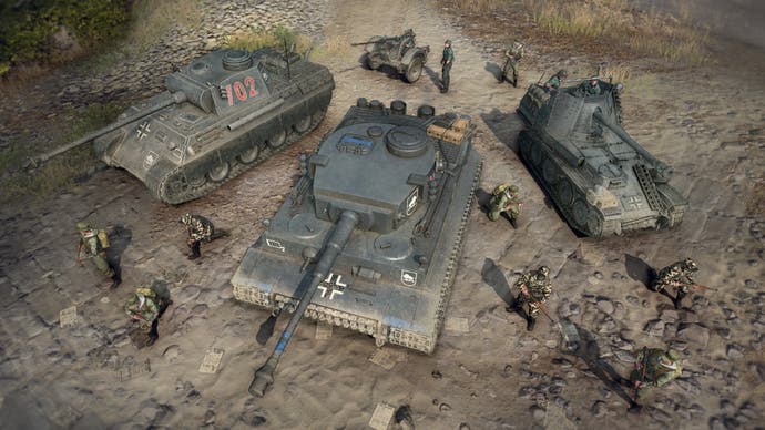 Company of Heroes 3 preview - a view of three Wehrmacht vehicles, artillery and some units