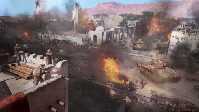 Company of Heroes 3 preview - an edited action shot amongst rooftops of Ajdabiya