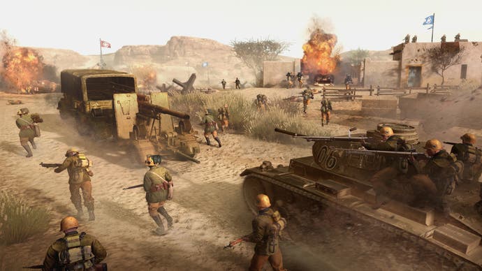 Company of Heroes 3 preview - an edited action shot of infantry riding a tank in Tunis