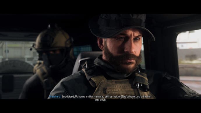 Call of Duty Modern Warfare 3 screenshot of Captain Price in a car during a pre-mission cutscene, being briefed by Shepherd on Makarov.