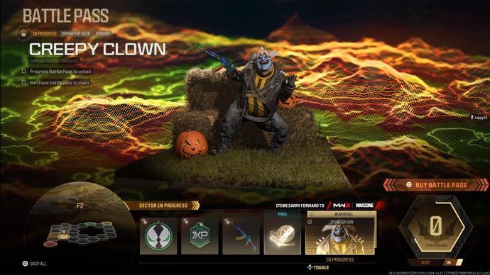 Call of Duty Modern Warfare 3 screenshot of a hideous Creepy Clown skin reward from the battle pass