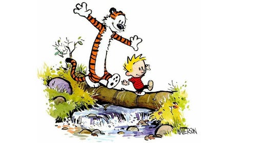 Calvin and Hobbes on a tree bridge