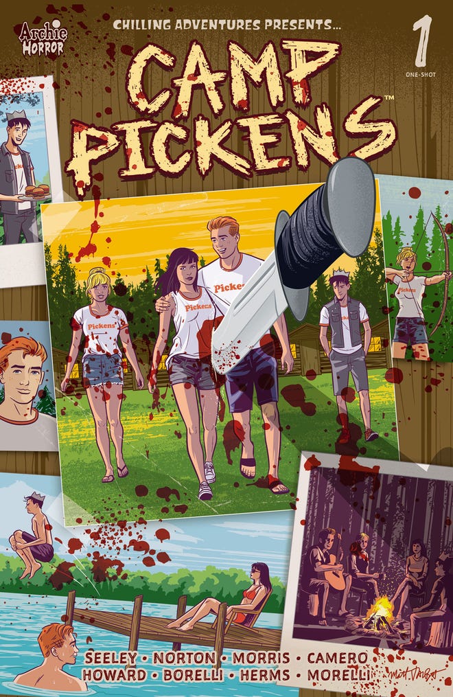 Illustrated image of Photos of the Archie Gang with blood spatter and a knife stabbed through a photo