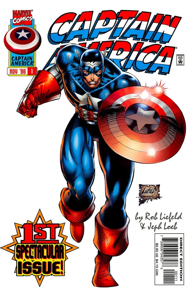 Cover of Captain America with Captain America holding a shield and running forward