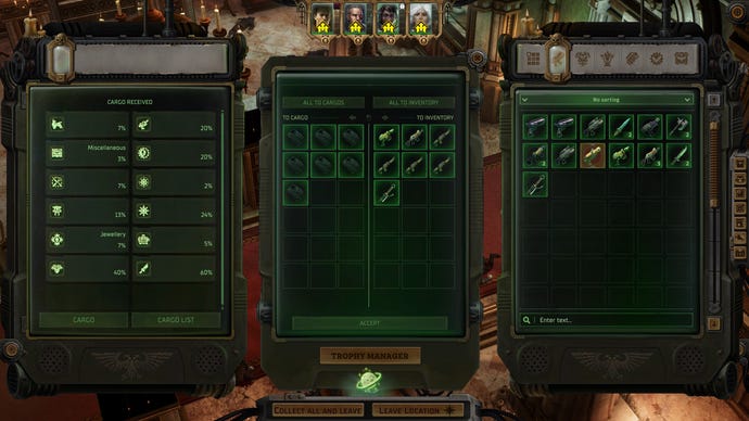 Le menu de fret et d'inventaire de Warhammer 40,000 : Rogue Trader.