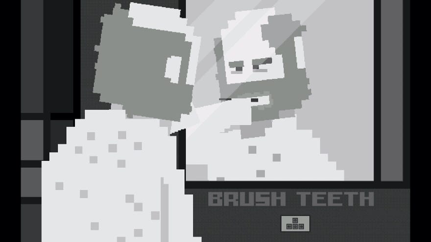 A monochromatic, bearded, pixel man brushes his teeth in the mirror in Cart Life