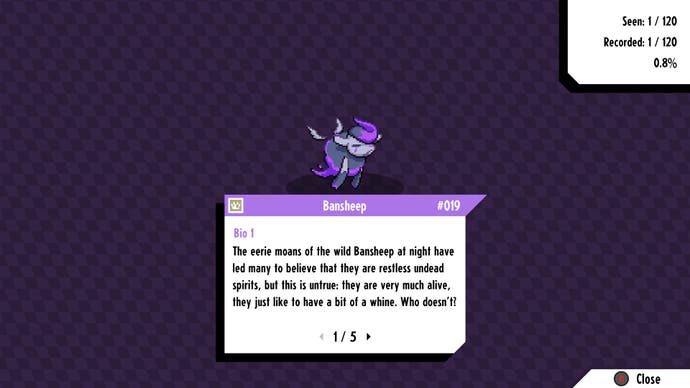 Cassette Beasts review - Screenshot showing a creature named Banship and its description