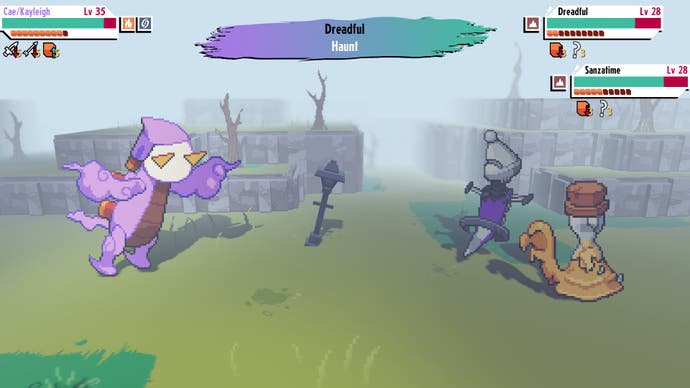 Cassette Beasts review - screenshot showing a monster on the left fighting two monsters on the right