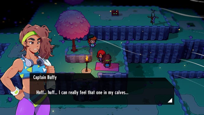 Cassette Beasts review - Screenshot showing a character in workout gear in the foreground with a dialogue window, the background is the overworld at night with your sprite talking to another