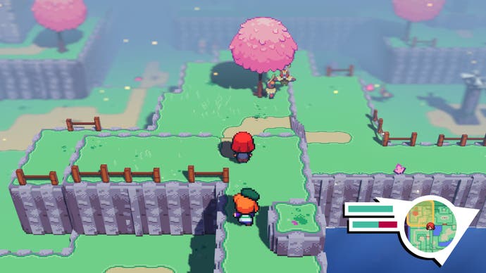 Cassette Beasts review - Screenshot showing your sprite walking away from the camera towards a pink cherry blossom tree on a green grass platform