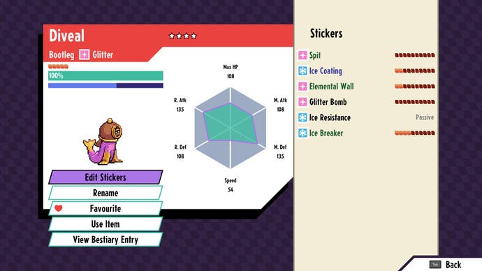 Cassette Beasts review - screenshot showing the stats page for a creature with an obvious Pokémon inspiration