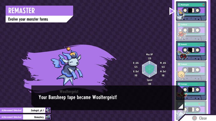 The evolution remaster screen for Bansheep becoming Wooltergeist in Cassette Beasts