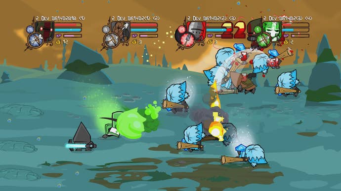 Four co-op players using goo and fire in Castle Crashers.