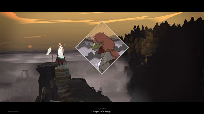 Una escena de Cataclismo que muestra a un héroe contemplando un bosque brumoso con un pájaro a su lado.  Imagen en imagen ofrece un retrato de su cabeza.