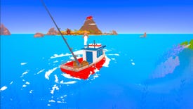 A screenshot from Catch & Cook, showing a red fishing boat sails on clear blue water with a mountain in the distance