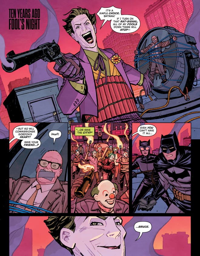 Interior comics page featuring the Joker pointing a gun at hostages
