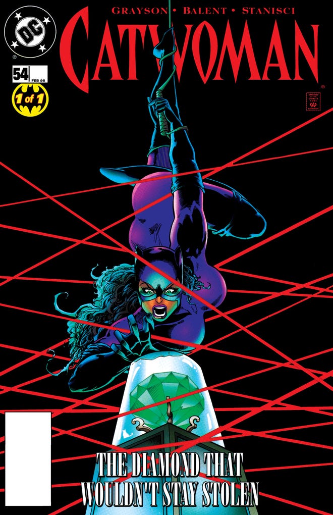 Cover of Catwoman featuring Catwoman in her purple costume as she's in the middle of a heist