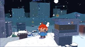 A red-haired girl stands on a snowy rooftop in Celeste 64: Fragments Of The Mountain