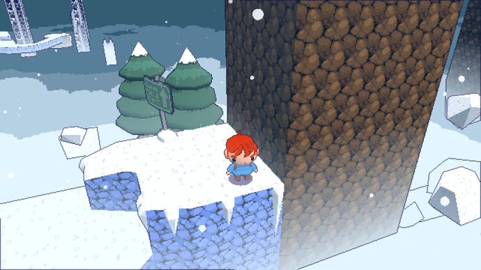 Ein rothaariges Mädchen steht in einer verschneiten Landschaft in Celeste 64: The Fragments Of The Mountain