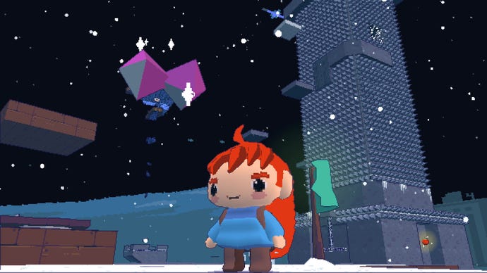 In Celeste 64: The Fragments Of The Mountain steht ein kleines rothaariges Mädchen neben einem lila Power-Up