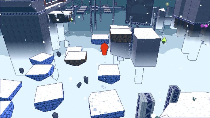 Ein rothaariges Mädchen springt in „Celeste 64: The Fragments Of The Mountain“ über verschneite Plattformen