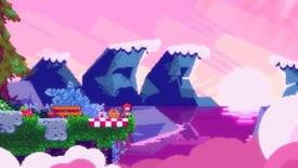 Screenshot from Celeste Strawberry Jam mod of Madeline looking at the sun from a cliff's edge.