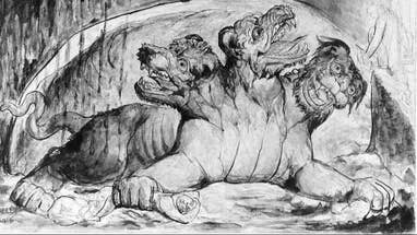 Three-headed devil dog Cerberus in a drawing by William Blake