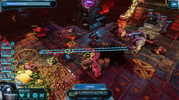 A large Dreadnought mech prepares to charge across the battlefield in the Warhammer 40K: Chaos Gate - Daemonhunters: Duty Eternal expansion