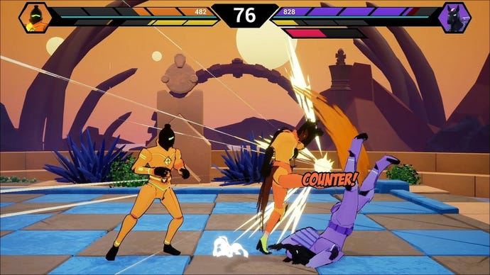 A player uses a tag assist move in Checkmate Showdown, causing the orange queen to kick a purple knight while the orange bishop backs off.