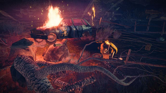Children of the Sun screenshot showing a burning car.
