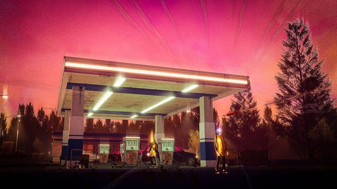 Children of the Sun screenshot showing a gas station lit up with neon lights against a pinkish sky.