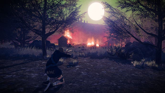 Children of the Sun screenshot showing The Girl running through a dark forest in the foreground, fires burning beyond.